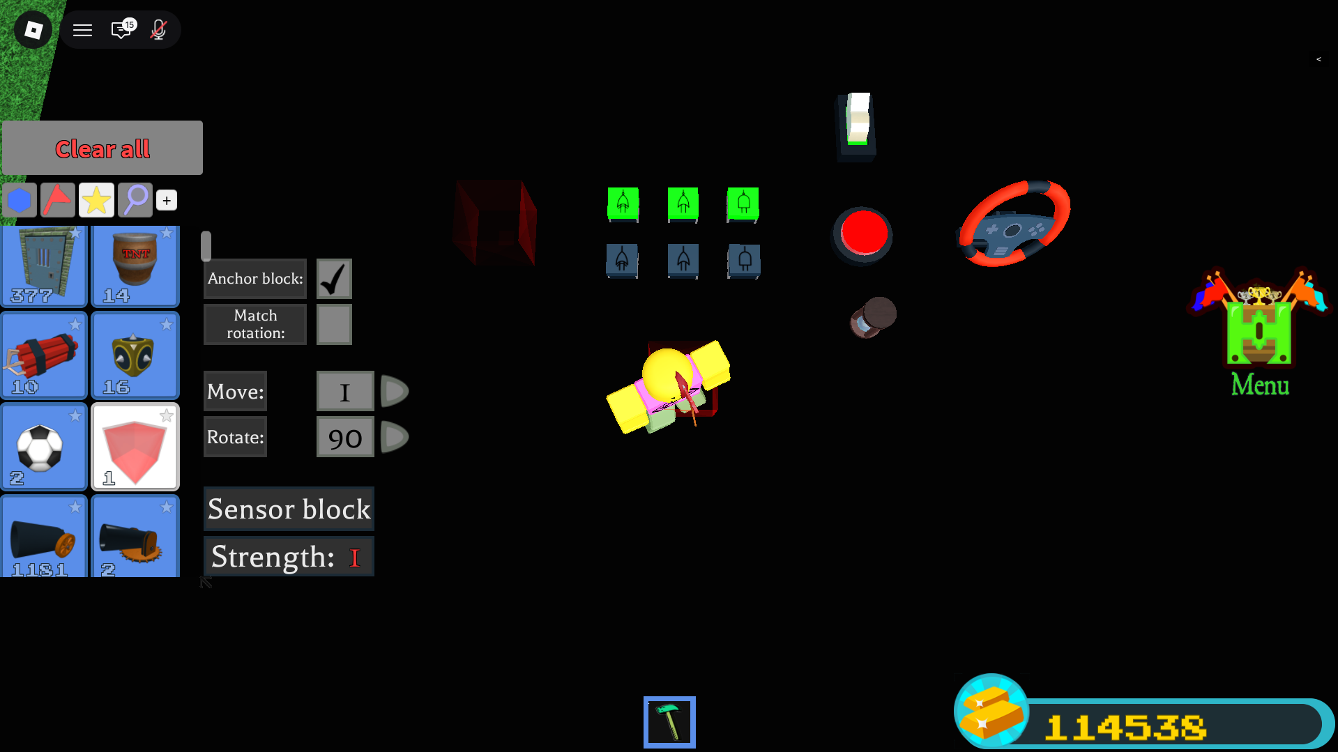 Build menu with block palette and the Sensor block strength property